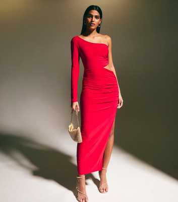 Red Cutout Ruched One Shoulder Midi Dress