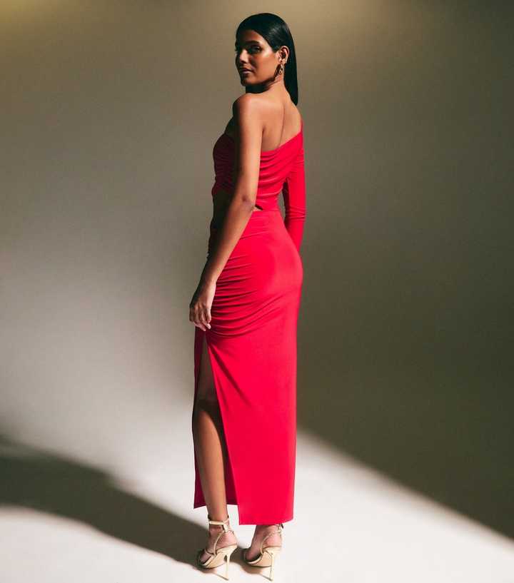 sachin and babi light blue dress Red Cutout Ruched One Shoulder Midi Dress