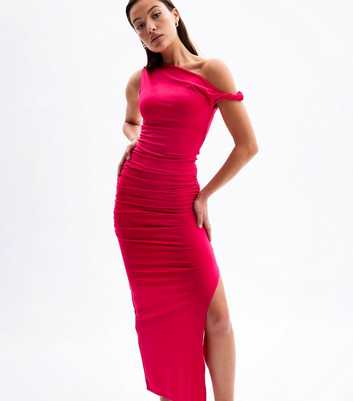 Bright Pink Twist Shoulder Maxi Dress
