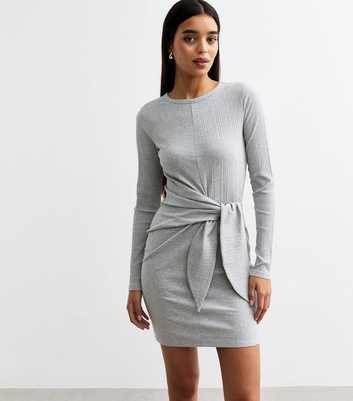 Grey Tie Front Ribbed Mini Dress