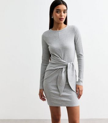 Grey Tie Front Ribbed Mini Dress | New Look