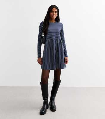 Blue Long Sleeve Striped Cotton Jersey Mini Dress