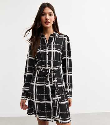 Black Checked Mini Shirt Dress