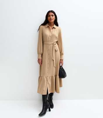 Camel Western Tiered Midi Shirt Dress