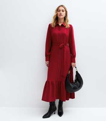 Burgundy Western Tiered Midi Shirt Dress