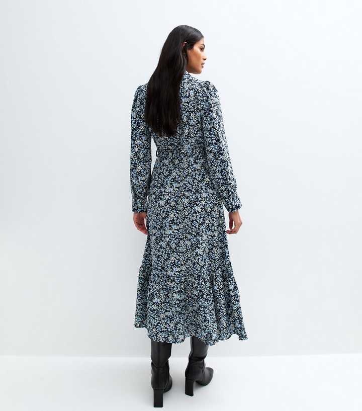 new look blue floral midi dress New Look Petite floral chiffon ruffle midi dress in blue