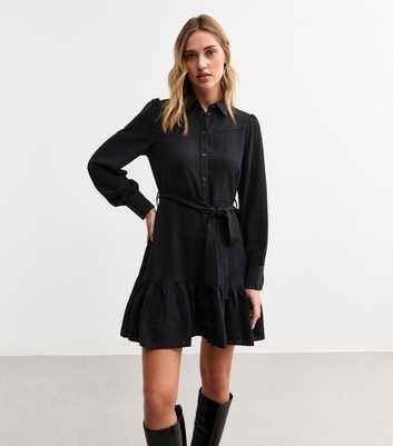 Black Tiered Hem Mini Shirt Dress