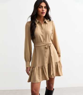 Camel Tiered Hem Mini Shirt Dress