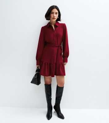 Red Tiered Hem Mini Shirt Dress