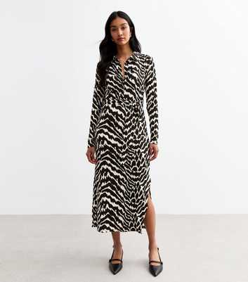 Black Zebra Print Crinkled Shirt Dress