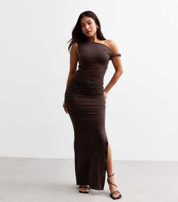 Petite Brown Twist Shoulder Maxi Dress