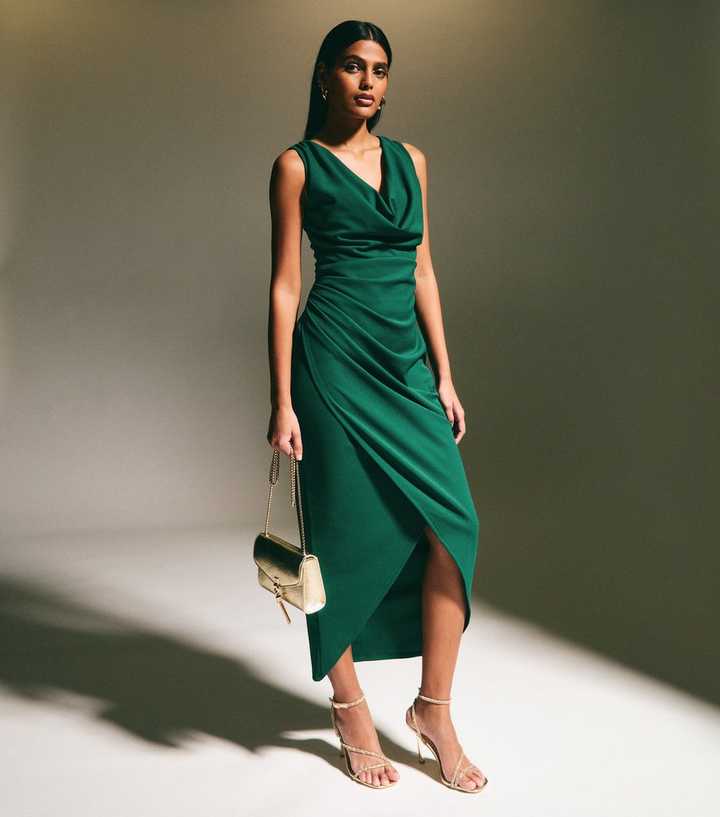 Green Cowl Neck Draped Midi Dress Green Cowl Neck Draped Midi Dress