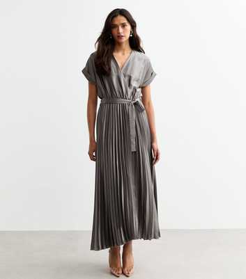 Tall Grey Satin Pleated Midi Dress