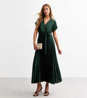 Tall Dark Green Satin Pleated Midi Dress