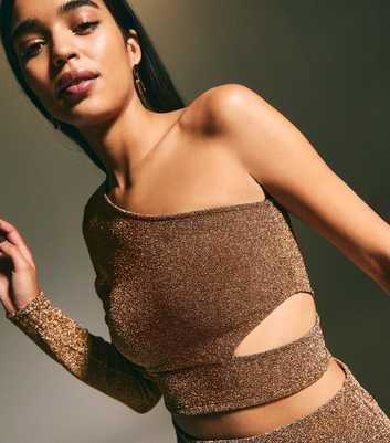 Bronze Metallic One Shoulder Long Sleeve Crop Top