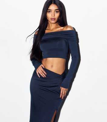 Navy Off Shoulder Long Sleeve Crop Top 