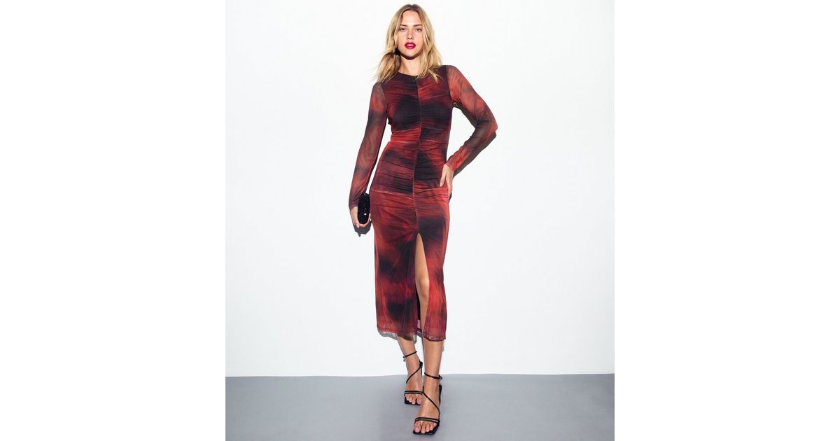 Raffinéa Elegant Tie Dye Gradient Ruched Mesh Leopard Print Asymmetrical Neck High Slit Dress main image 0