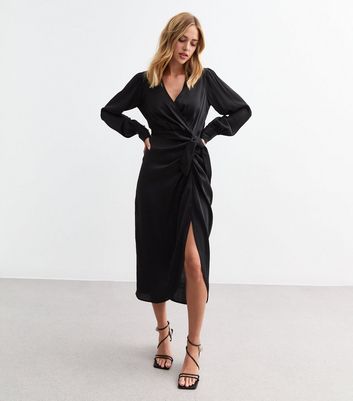 Black Satin Wrap Style Midi Dress New Look