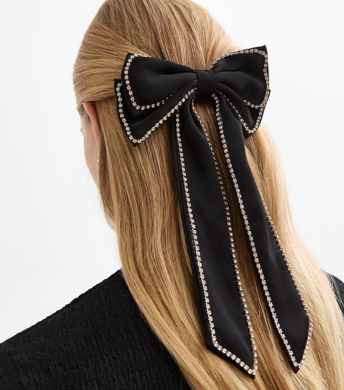 Black Diamantè Trimmed Satin Bow Hair Slide New Look