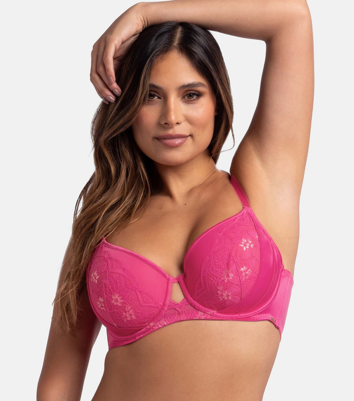 Women's Plus Size Bright Pink Lace Trimmed Demi Bra Curves Dorina New Look