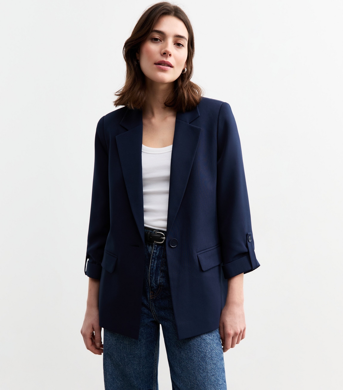 Women's Navy Cropped Sleeve Blazer New Look