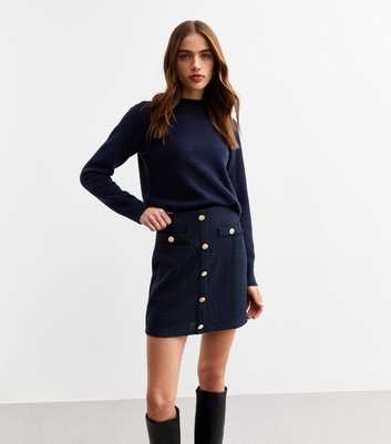 Navy Boucle Button Detail Mini Skirt