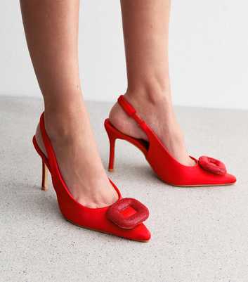 Public Desire Floss Red Crystal Buckle Slingback Court Shoes