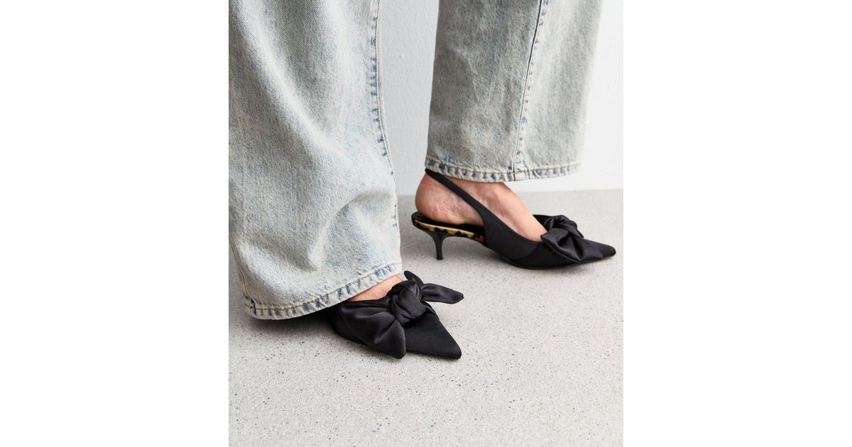 Public Desire Black Bow Satin Kitten Heel Court Shoes New Look