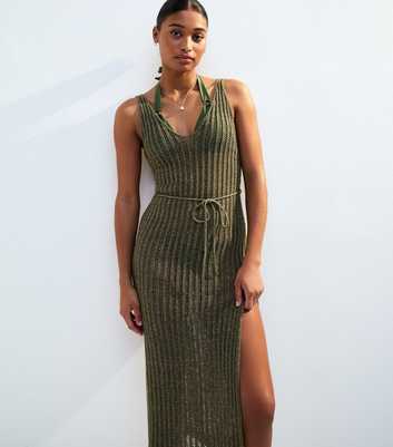 Khaki Metallic Ladder Stitch Beach Maxi Dress