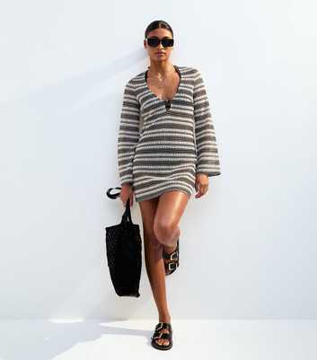 Black Striped Crochet Kaftan Beach Cover Up Dress