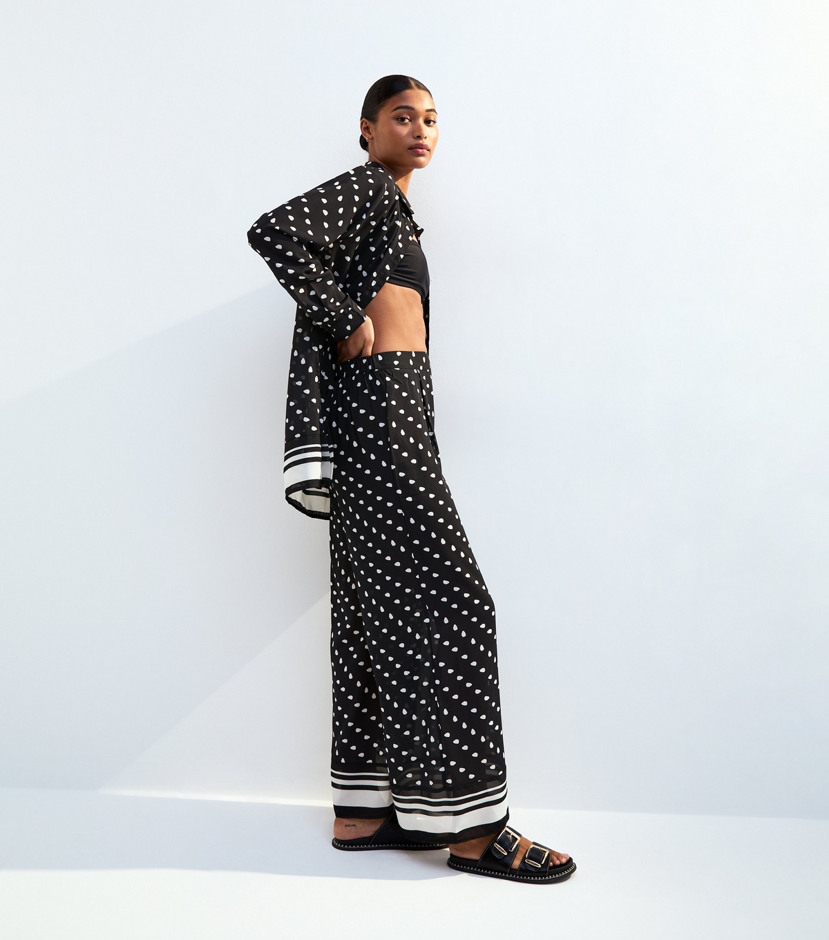 Women's Black Polka Dot Wide Leg Beach Trousers New Look