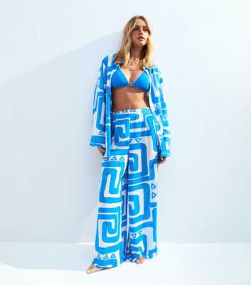 Blue Swirl Patterned Wide Leg Beach Trousers 