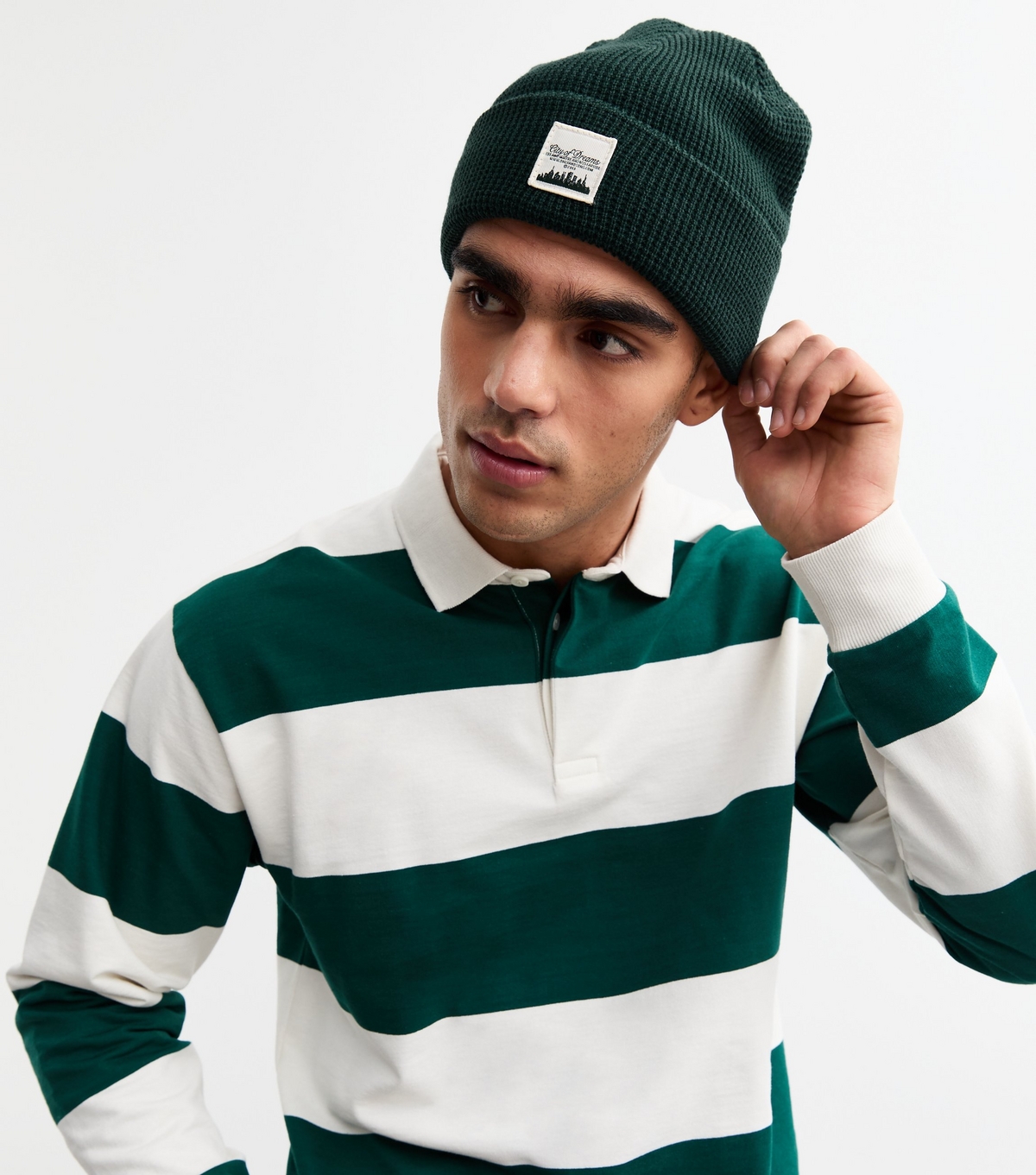 Men's Dark Green Label Appliquèd Beanie Only and Sons New Look