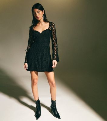 Black Lace Long Sleeve Mini Dress New Look