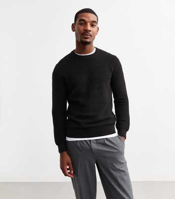 Black Regular Waffle Knit Cotton Jumper