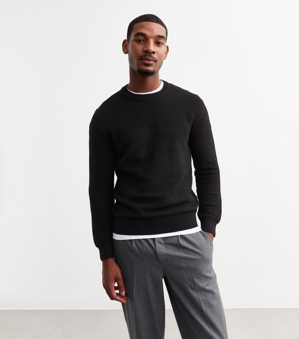 Men's Black Regular Waffle Knit Cotton Jumper New Look