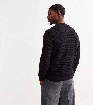 Men's Black Regular Waffle Knit Cotton Jumper New Look