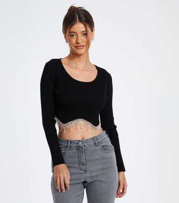 QUIZ Black Diamanté Trim Ribbed Knit Top