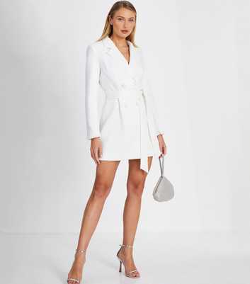 QUIZ White Diamanté Embellished Tie Belted Blazer Dress