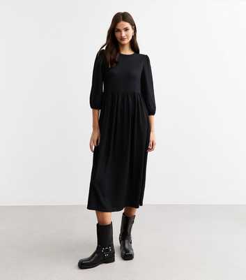 Black Crinkled Jersey Midi Smock Dress