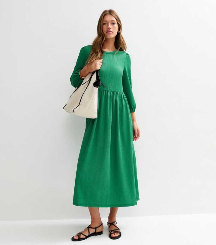 Green Crinkled Jersey Midi Smock Dress