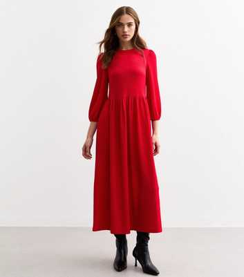 Red Crinkled Jersey Midi Smock Dress