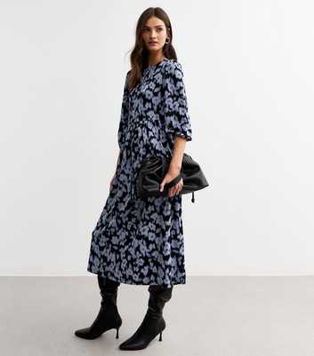 Blue Floral Print Crinkled Texture Midi Dress