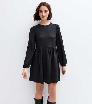 Black Crinkled Mini Smock Dress