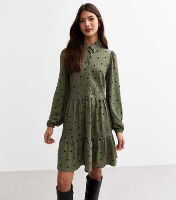 Khaki Polka Dot Jersey Mini Shirt Dress