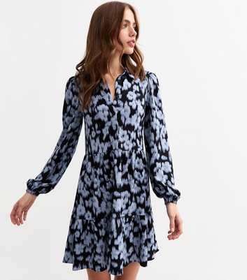 Blue Blurry Floral Print Mini Shirt Dress