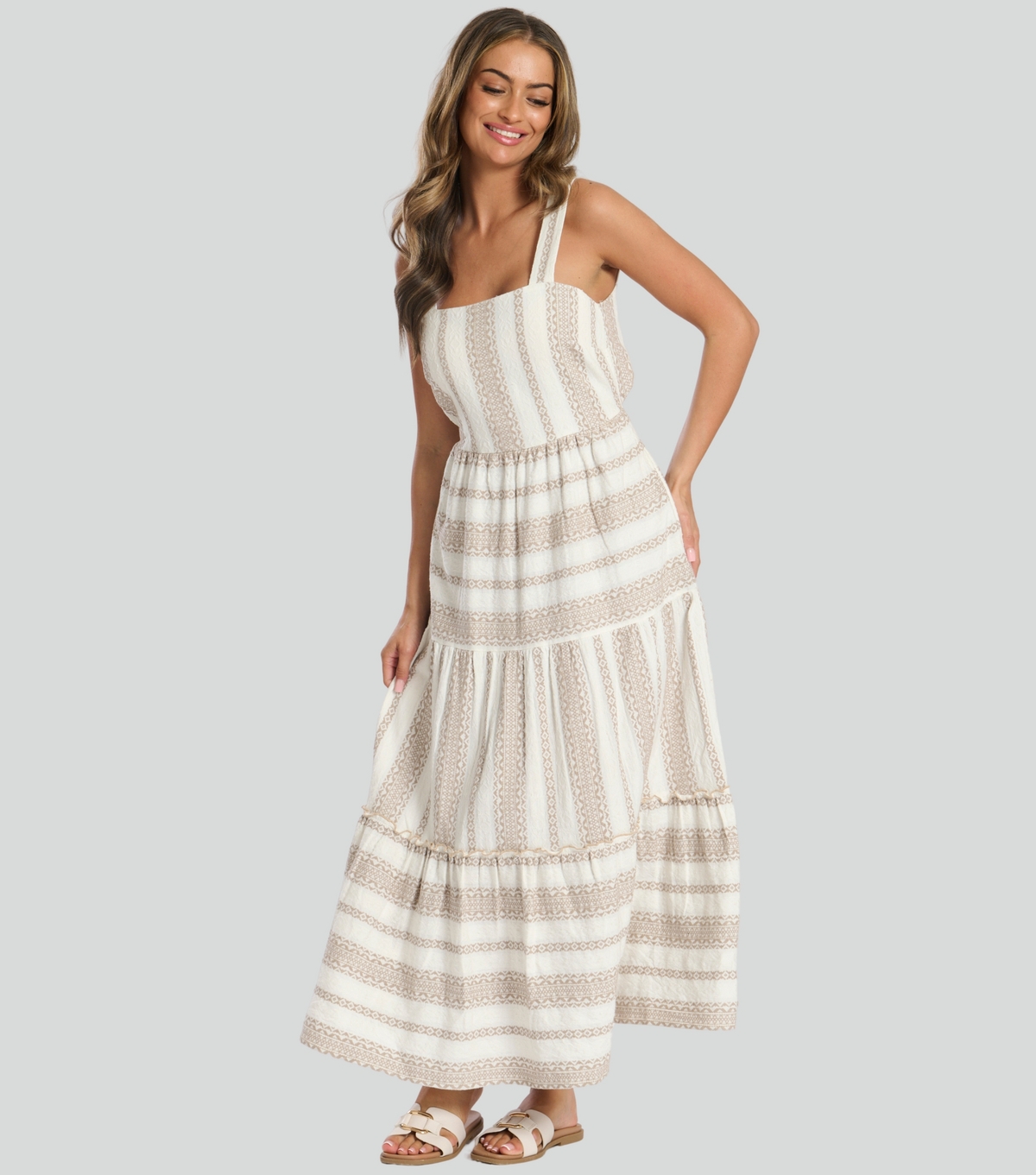 Women's Brown Geometric Stripe Maxi Dress South Beach New Look