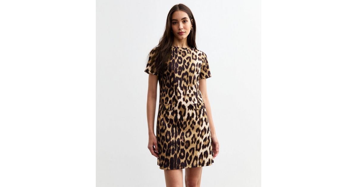 Stevie Leopard Print Patchwork Bell Sleeve Stretch Mini Dress