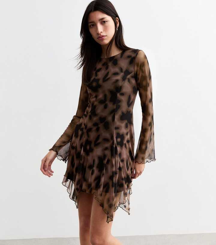 Brown Floral Print Asymmetric Hem Mesh Dress | New Look