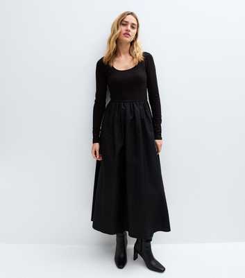 Black Long Sleeved Poplin Midi Dress